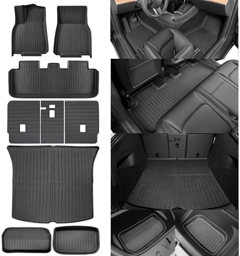 SUPER LINER Tesla Model Y Floor Mats 2025 2021-2024 | Custom Fit All-Weather 9-Piece Set TPE Material| Back Seat Protector,Cargo Liner, Trunk & Interior Accessories(Not Fit 7Seat & Juniper)