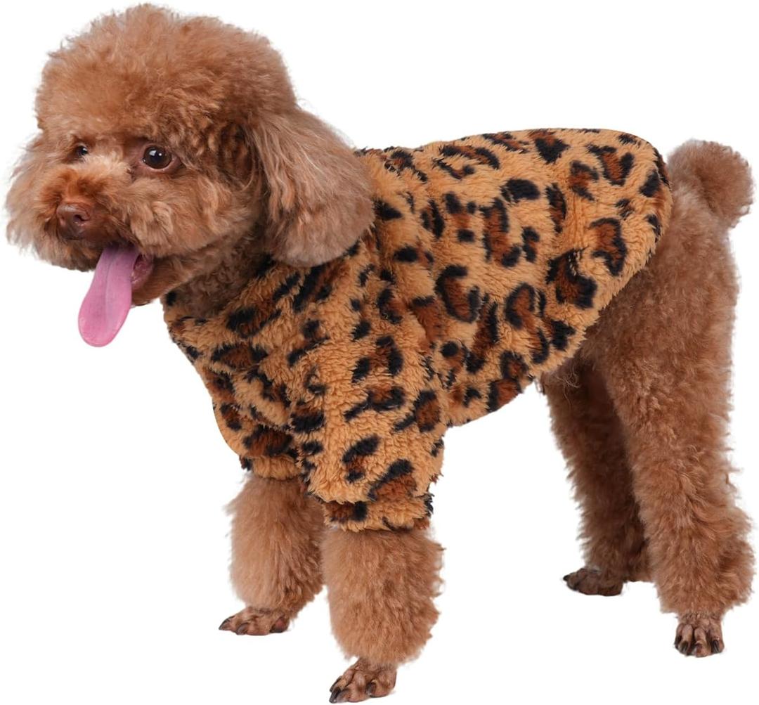 Leopard Print Dog Sweater Stretchy Fleece Dog Turtleneck Sweatshirt for Puppies & Cats, Soft & Warm Pet Winter Clothes for Dogs (Coffee Brown, Large/X-Large)