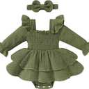 YOUNGER TREE Baby Girl Fall Clothes Infant Long Sleeve Ruffle Romper Dress with Headband Cute Toddler Winter Outfits, 3-6M