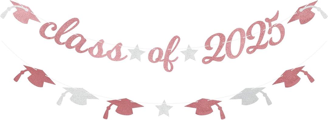 Class of 2025 Glitter Banner 2025 Graduation Congratulations Party Decorations Rose Gold