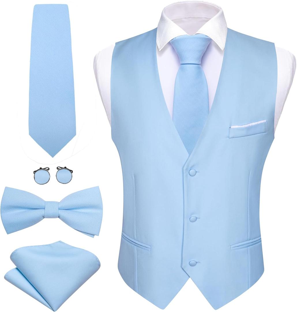 Barry.Wang Mens Formal Business Suit Vest Slim Fit Casual Solid Color Dress Waistcoat Tie Bow Tie Set Wedding Party, S