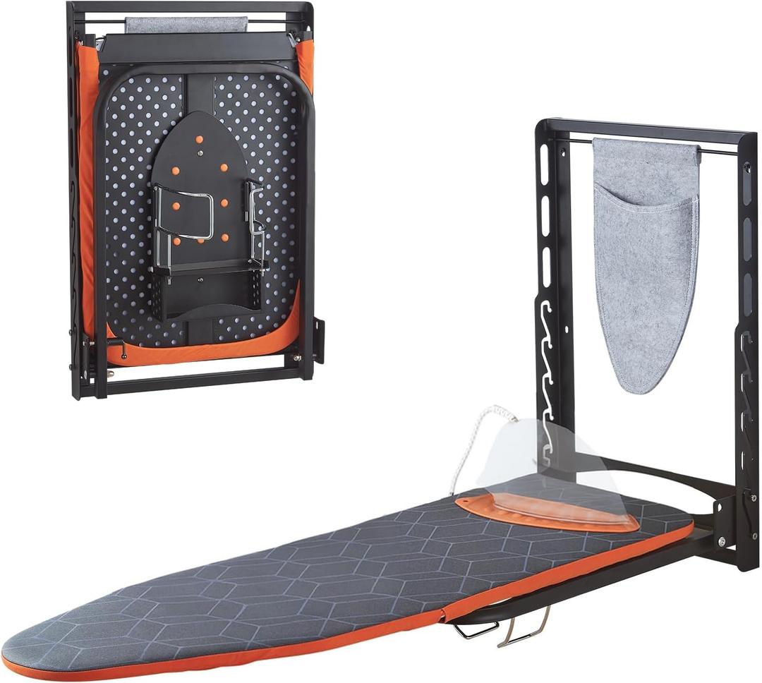 Seiritex Wall Mounted Ironing Board with Iron Holder, 42x14 Compact Mount Foldable Ironing Board for Small Spaces, Space Saving with Cotton Fabric Cover and Silicone Iron Rest