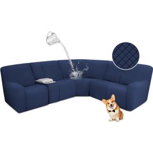 ALIECOM Waterproof Reclining Sectional Couch Covers for Reclining Sectional Stretch L Shaped Recliner Sofa Cover Washable Pet Dog Corner Sofa Slipcovers Protector (5 Seat and 1 Console, Navy Blue)