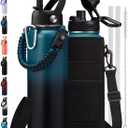 Insulated Water Bottle 40 oz, (Cold for 48H), Leak Proof Food-Grade Stainless Steel Water Jug With Auto Spout and Straw Lid, Portable Paracord Handle & Carrier Bag for Men Women Gym, Indigo Black