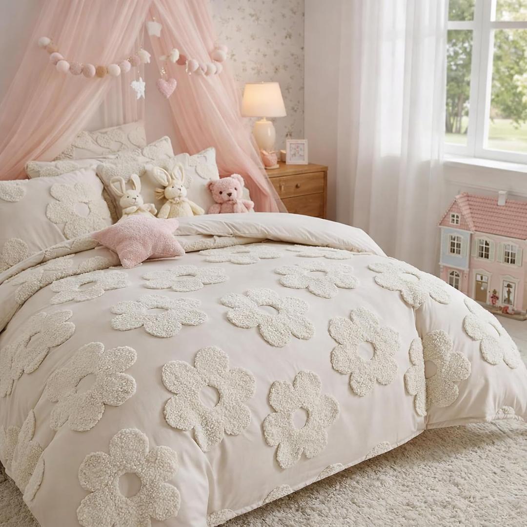 Frienda Spring Floral Full Comforter Cover Set for Girl Women 3 Pcs Tufted Khaki Floral Bedding Set Embroidery Boho Warm Tufted Bedding Include 1 Comforter Cover 2 Pillow Case for Home Gift