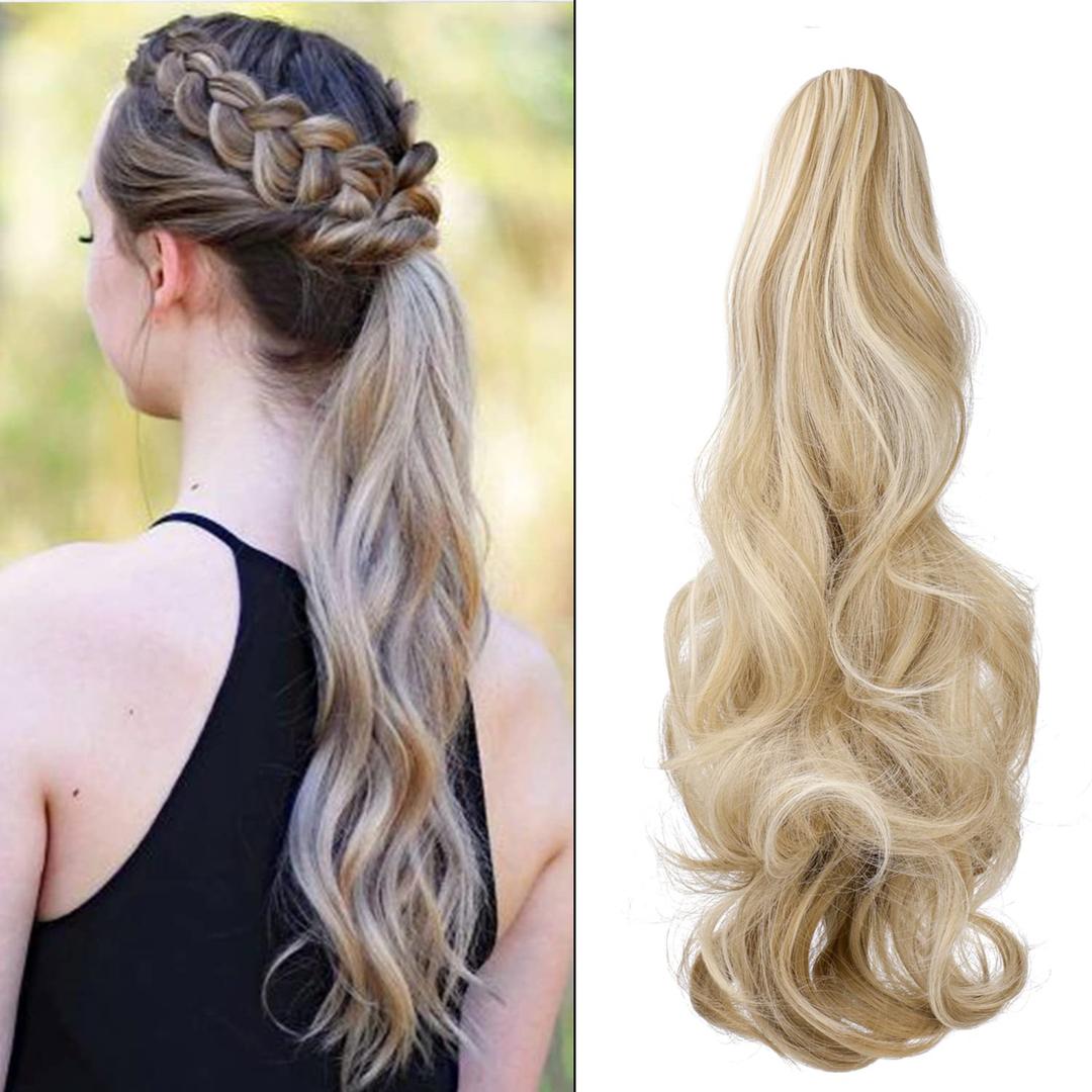 Claw Clip Ponytail Extension 18" Clip in Wavy Ponytail Hair Extensions Long Pony Tails for Women Extensions Ash Blonde Mix Light Bleach Blonde Wave Hairpiece