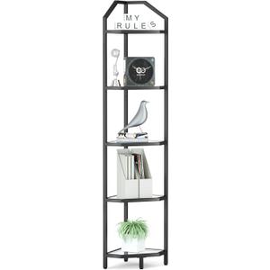 5-Tier Corner Shelf Stand, Black Corner Bookshelf, Bathroom Storage Rack Shelf, Plant Rack, Tempered Glass, Steel Frame, Modern Style for Living Room, Bathroom, Kitchen, Metallic Black