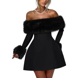 YMDUCH Women's Off Shoulder Long Sleeve Fur Trim A-Line Party Club Mini Dress, XL