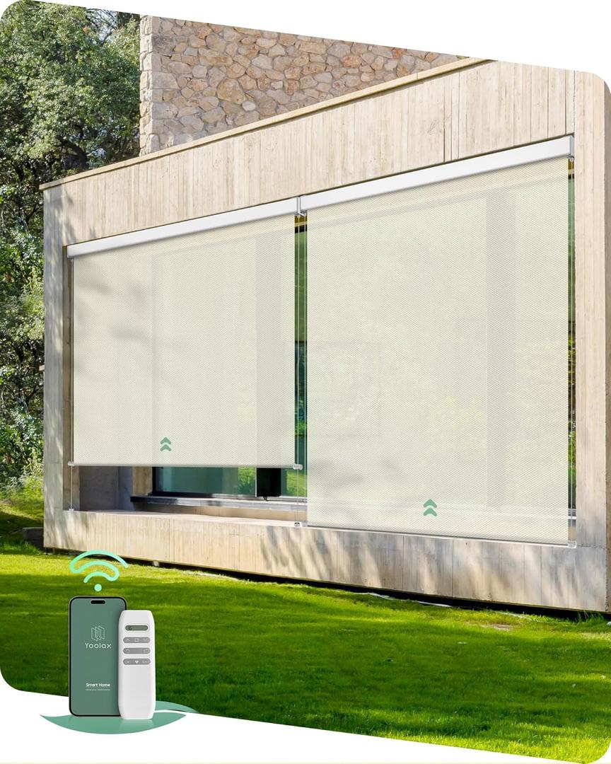 Yoolax Motorized Outdoor Shades Smart Retractable Patio Screens with App & Remote Control, Electric Blinds for Porch Patio Waterproof Roller Shades 5X8ft (3% Openness Beige)