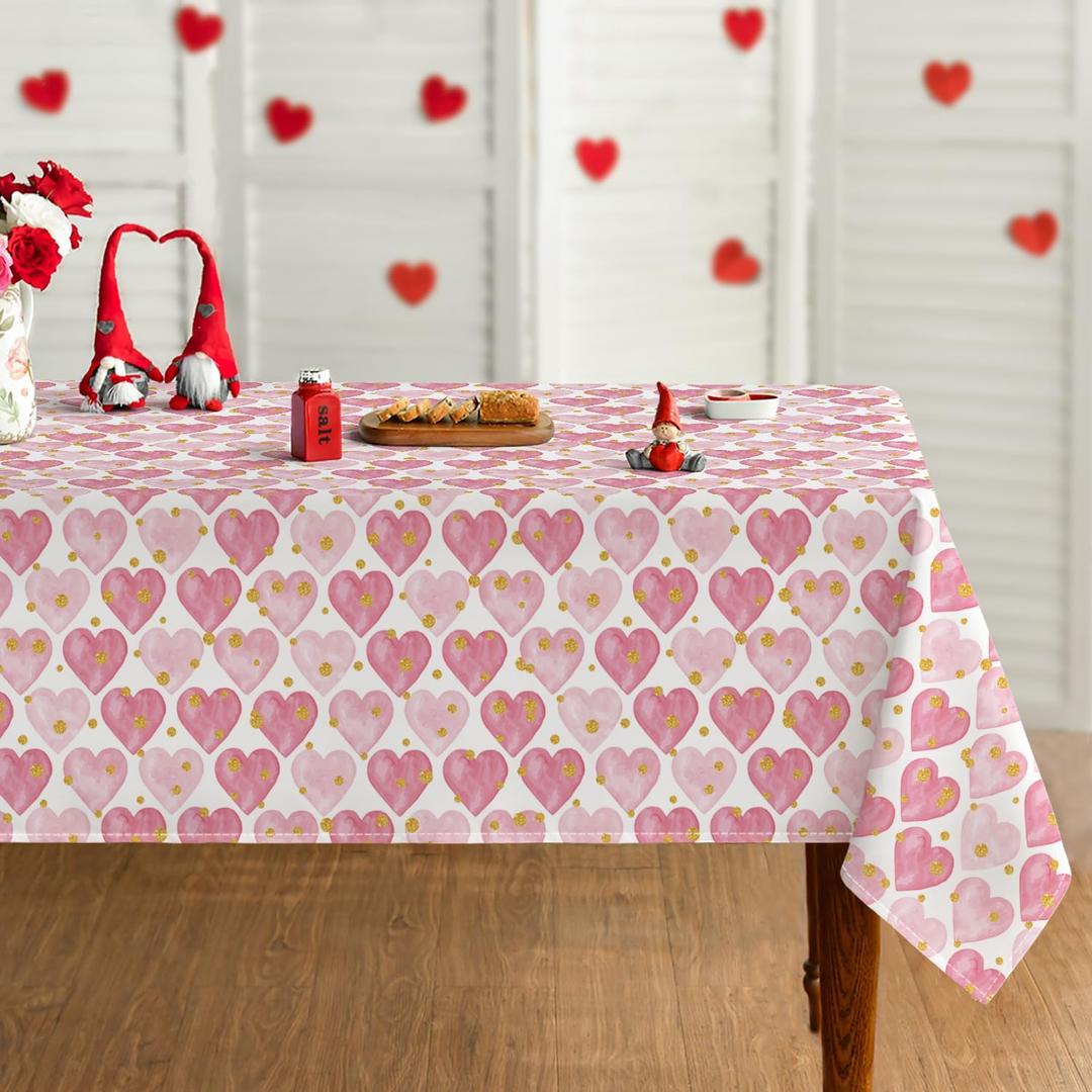 Horaldaily Valentine Tablecloth 60x84 Inch Rectangular, Golden Pink Watercolor Love Hearts Washable Table Cover for Party Picnic Dinner Decor
