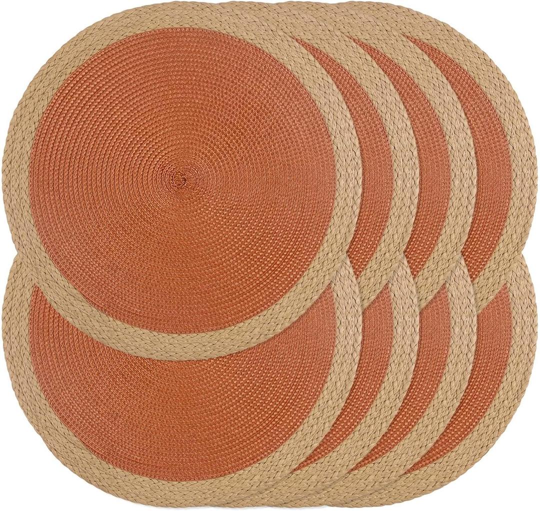 Noctiflorous Braided Round Placemats Set of 8, 15 Inch Woven Table Mats, Non-Slip Washable Wide Edge Place Mats for Kitchen Dining Table Decor (Dark Orange, 8)