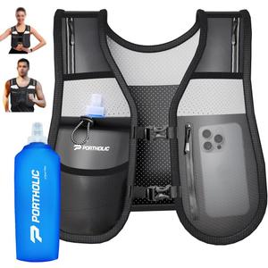 PORTHOLIC Running Vest for Women Men with 17oz Water Bottle |Adjustable Hydration Vest|Reflective |Lightweight |6 Pockets |Breathablefor Running Accessories for Hiking (Medium, Black)