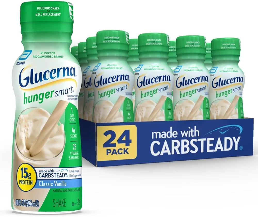 Glucerna Hunger Smart Diabetes Care Shake, Classic Vanilla, Diabetic Meal Replacement to Support Blood Sugar Management, 15g Protein, 180 Calories, Ready to Drink, 10-fl-oz Bottle, 24 Pack, BBD: AUG 1, 2025