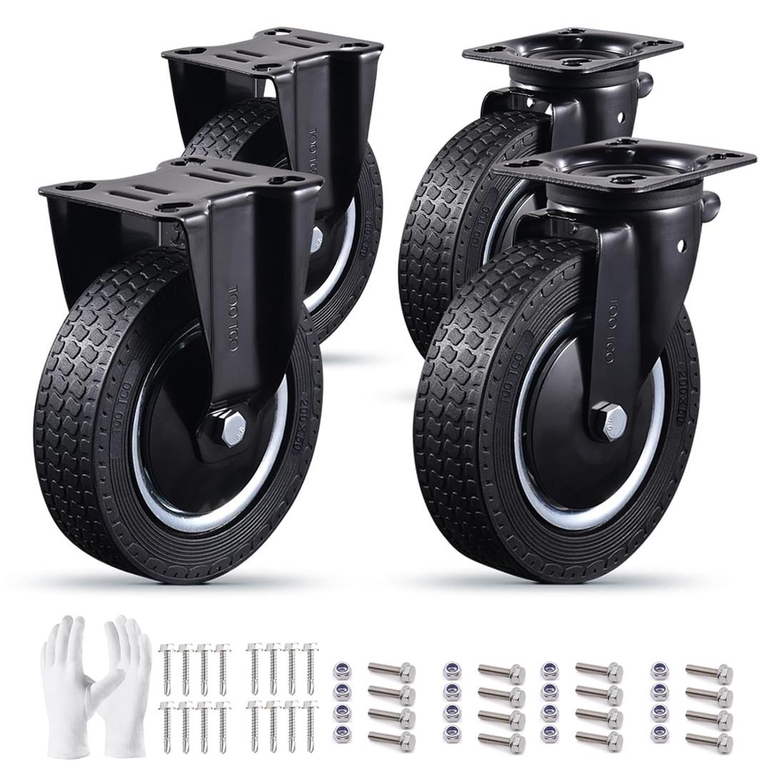 8 Inch Heavy Duty Caster Wheels Set of 4 (2 Swivel & 2 Fixed) 3200LBS Capacity Industrial Rubber Casters for Utility Cart, Workbench, Warehouse Equipment, Truck, Dolly Includes Mounting Hardware
