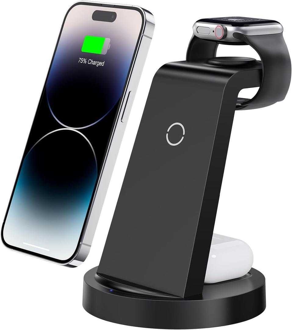 3 in 1 Charging Station for iPhone, Wireless Charger for iPhone 16e 16 15 14 13 12 11 X Pro Max & Apple Watch - Wireless Charging Station for AirPods 4 3 Pro (Black)