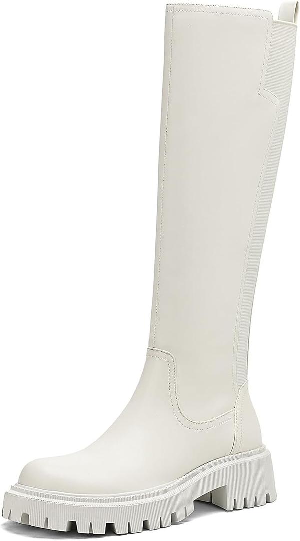 Women's Knee High Boots Fashion Platform Lug Sole Tall Riding Boots Comfortable Stretch Calf Dress Long Boots (7.5)