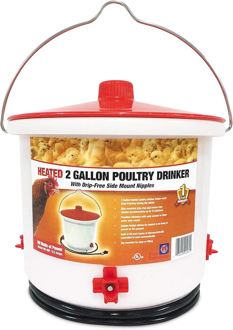 Farm Innovators Heated Waterer with Lid, 60W Hanging Water Dispenser - 2 Gallon Poultry Drinker Bucket with Red Top for Chickens, Turkeys, and Geese