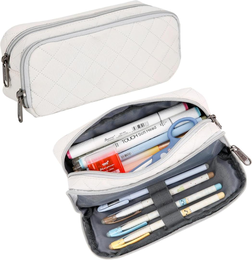 2 x Della Gao Pencil Case Large Capacity Pencil Pouch Soft Quilted Pen Bag Office Stationery Organizer Sturdy Pencil Bag for Men Women - Beige