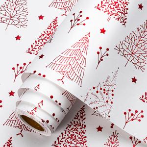 Homeral Christmas Wrapping Paper Roll - 3D Embossed Snowflakes, Trees and Stars with Red Foil Metallic Shine Gift Wrap for Christmas, New Year Celebration, Holiday - Mini Roll - 17 Inch x 33 Feet (17in*32.8ft(46.8sqft))