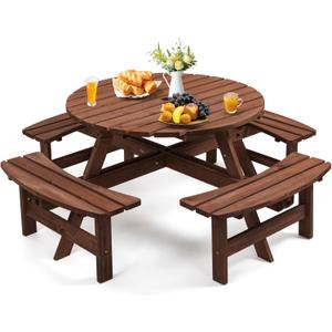 8 Person Wood Picnic Table, Round Tabletop with Umbrella Hole, 4 Built-in Curved Benches, 2220LBS Total Capacity for Patios, Backyard, Brown