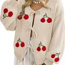 kipfall Womens Bow Tie Front Cardigan Sweaters Long Puff Sleeve Cute Print Jacket Coats 2026 Trendy Fall Winter Outfits (Beige, M)