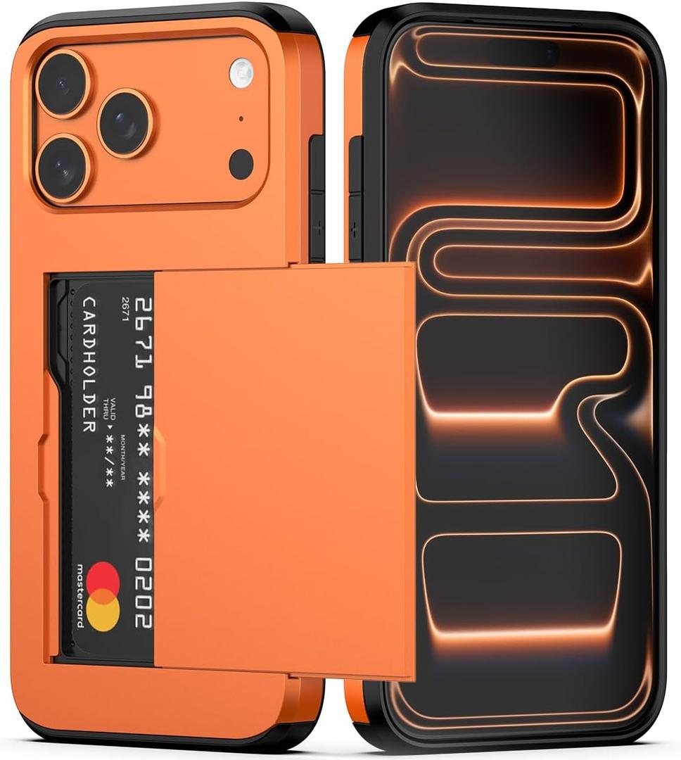 Nvollnoe Compatible with iPhone 17 Pro Max Case with Card Holder Dual Layer Heavy Duty Protective Shockproof Hidden Card Slot Slim Wallet Phone Case for Women&Men 6.9 inch(Orange)