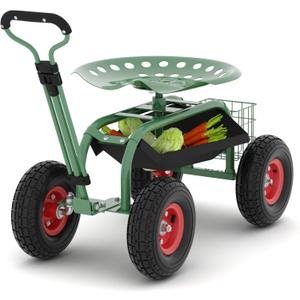 Heavy-Duty Rolling Garden Workstation  Mobile Gardening Stool with 360 Swivel Seat, Adjustable Steering Handle & Removable Tool Tray for Planting, Weeding, and Outdoor Projects