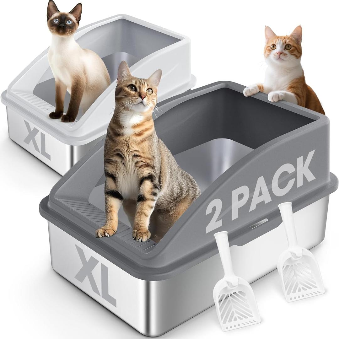 2 Pack Stainless Steel Litter Box | XL Enclosed Cat Litter Boxes with Lid for Big Cats and Multi-Cats | High Sided, Anti-Urine Leakage | Non-Stick BottomMulti-Colored