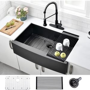 33 Inch Black Farmhouse Sink - VOKIM 33 x 22 Apron Front Farmhouse Sink Stainless Steel 16 Gauge Single Bowl Gunmetal Kitchen Sink
