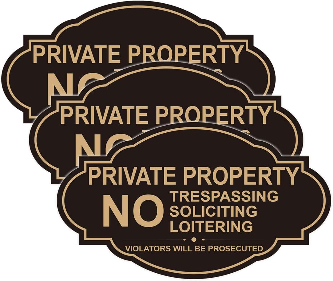 No Trespassing No Soliciting Signs for Home, Private Property 3 Pack 7x4 Inch Black Vinyl Stickers Outdoor, Soslina Waterproof Weatherproof Security Warning Signs for Fence Gate Door Yard