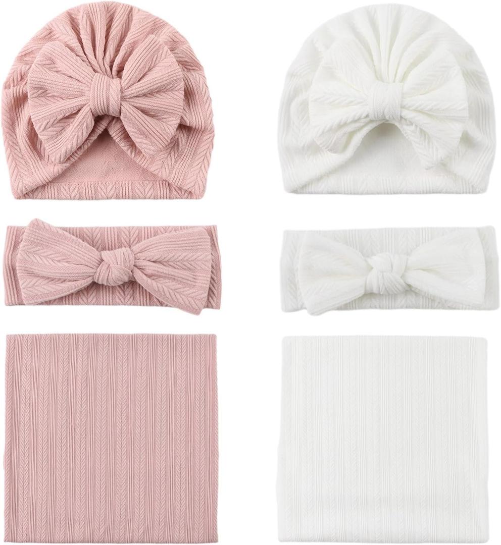 OMUKY Newborn Receiving Blanket Bow Headband and Beanie Set Baby Swaddle Receiving Blankets Baby Boy Girls Nursery Swaddle Wrap(White+Pink)