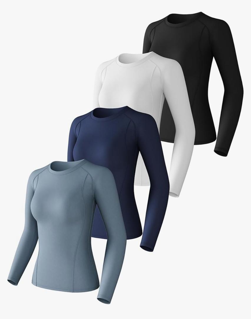 CL convallaria 4 Pack Women's Compression Shirt Cool Dry Long Short Sleeve Workout Athletic Tops for Yoga Gym Running, Medium