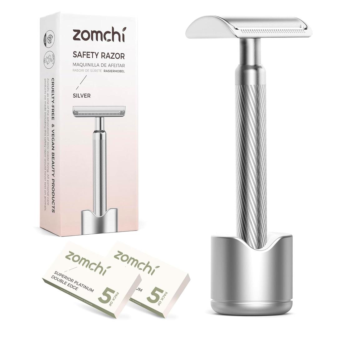 ZOMCHI Double Edge Safety Razor for Men & Women,[New Version 2.0 ] Metal Razor with 10 Double Edge Safety Razor Blades, Single Blade Razor with Stand  Noble Silver