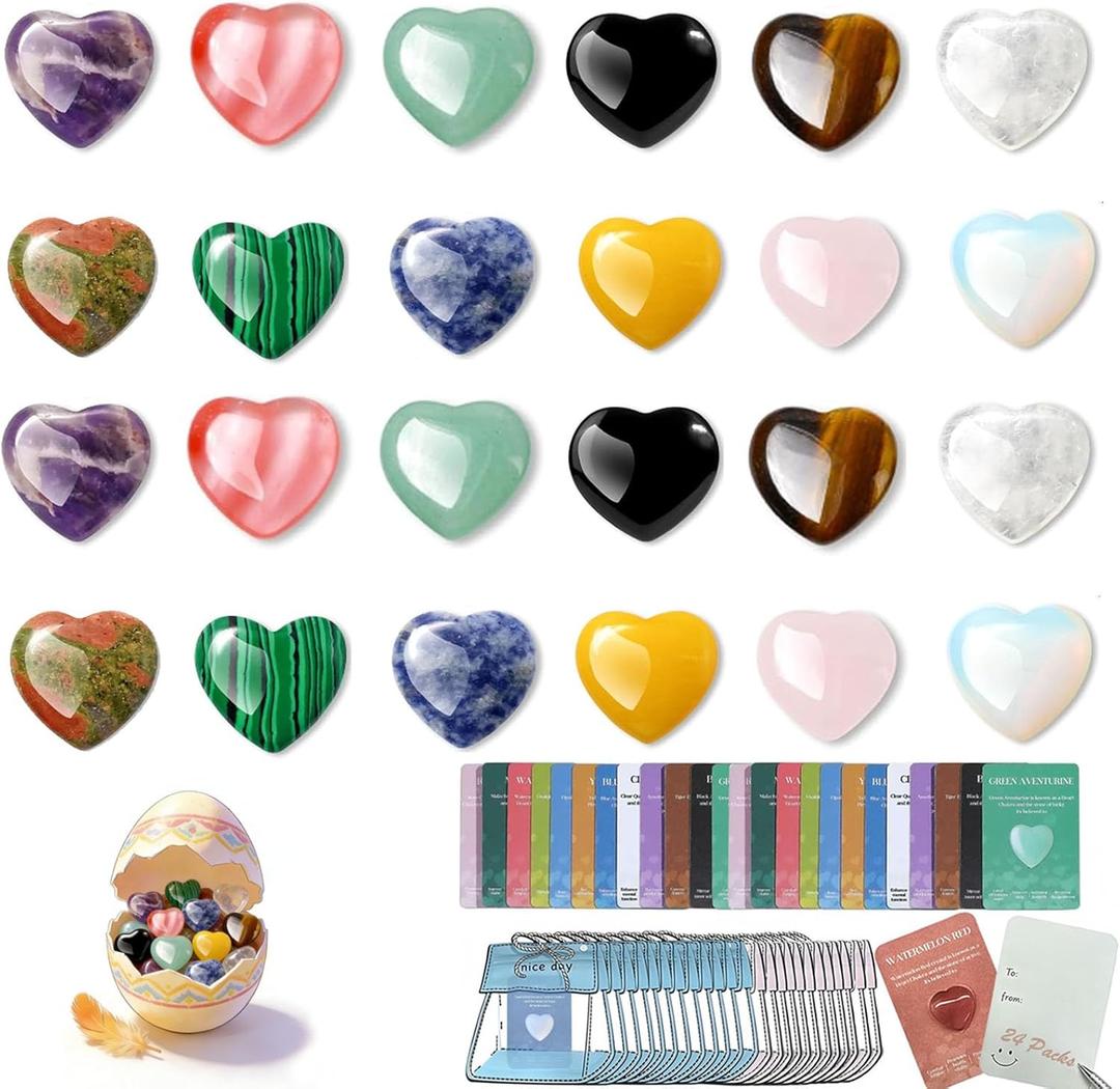 24Pcs Easter Egg Filler Easter Basket Stuffers for Teens Toddler Heart Gems, Natural Crystal Heart Stones Party Favors Classroom Exchange, Pocket Hug Goodie Bags Bulk for Boys Girls Easter Gifts
