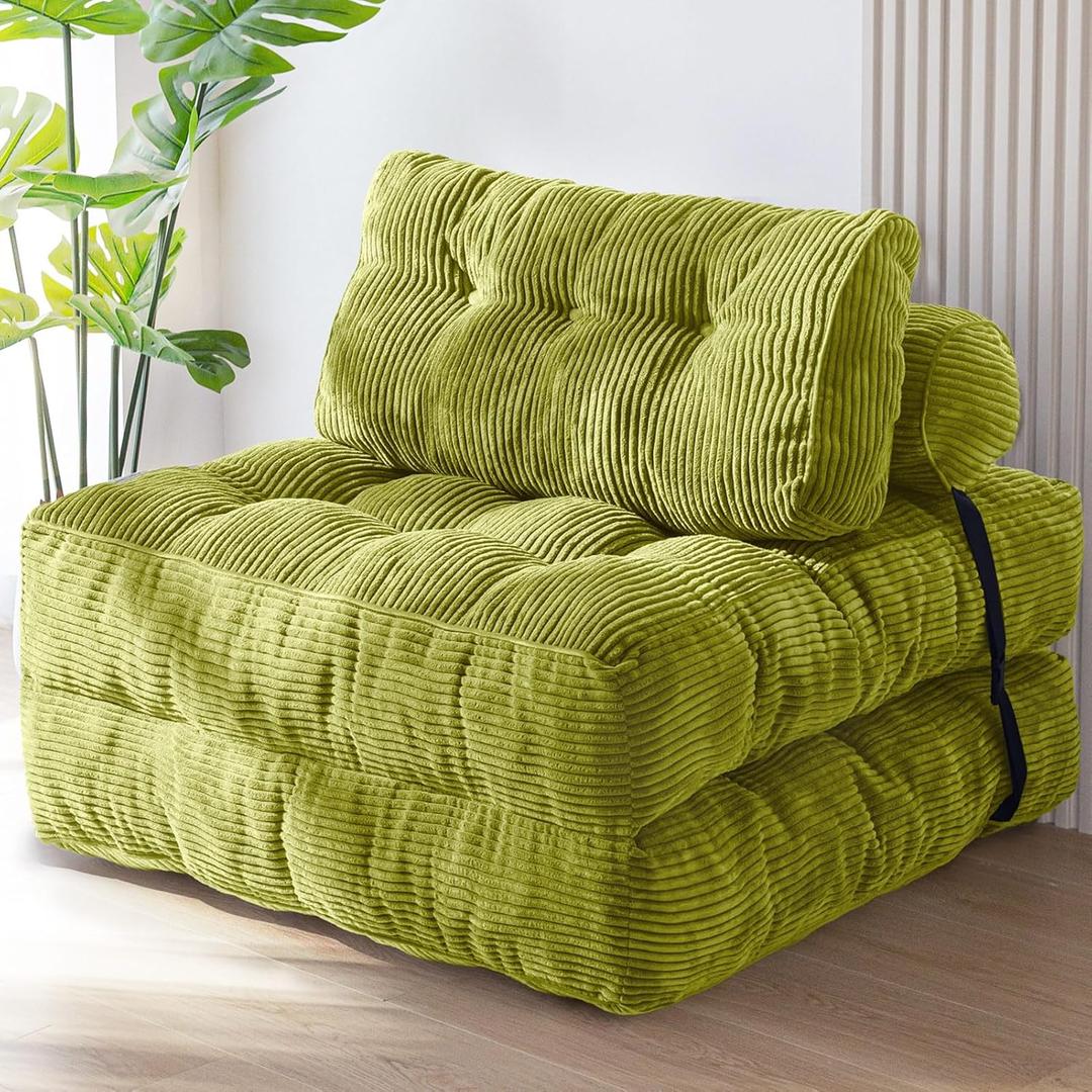 MAXYOYO Folding Sofa Bed, Convertible Sleeper Chair with Pillow Foldable Mattress with Back Support, Portable Fold Out Chair Bed Comfy Floor Sofa Lounge for Living Room Bedroom, Beige, Green, Single