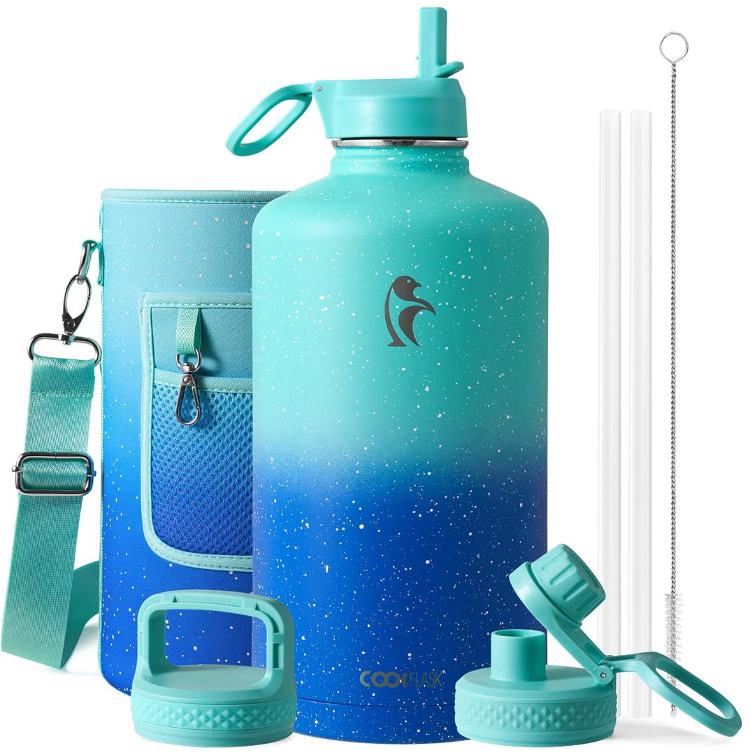 Coolflask 128 oz Gallon Water Bottle Insulated with Straw&3 Lids, Water Jug Large Stainless Steel Metal Vacuum Wide Mouth for Sports, Gym or Office, Non-BPA Keep Cold 48H Hot 24H, Glacier Blue