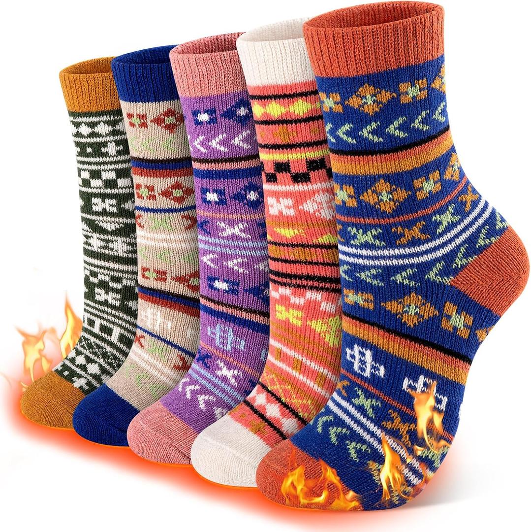 eallco Wool Socks Women Winter Warm Socks Thermal Thick Cozy Crew Socks for Womens Gifts 5 Pairs