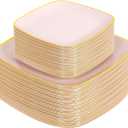 bUCLA 100PCS Pink Plastic Plates - Heavy Duty Square Pink and Gold Disposable - Include 50 Dinner 10 inch & 50 Dessert 7.25 inch Plates for Party, Weeding & Easter