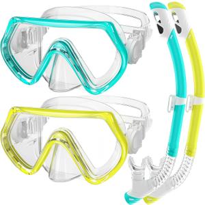 2 Sets Kids Snorkeling Gear for Ages 3-14, Anti-Fog 180 Clear View Dry Top Snorkel Set, Swimming Mask with Nose Cover & Tempered Glass Goggles for Youth Boys Girls Junior (Small-Medium, Light Blue+Yellow)