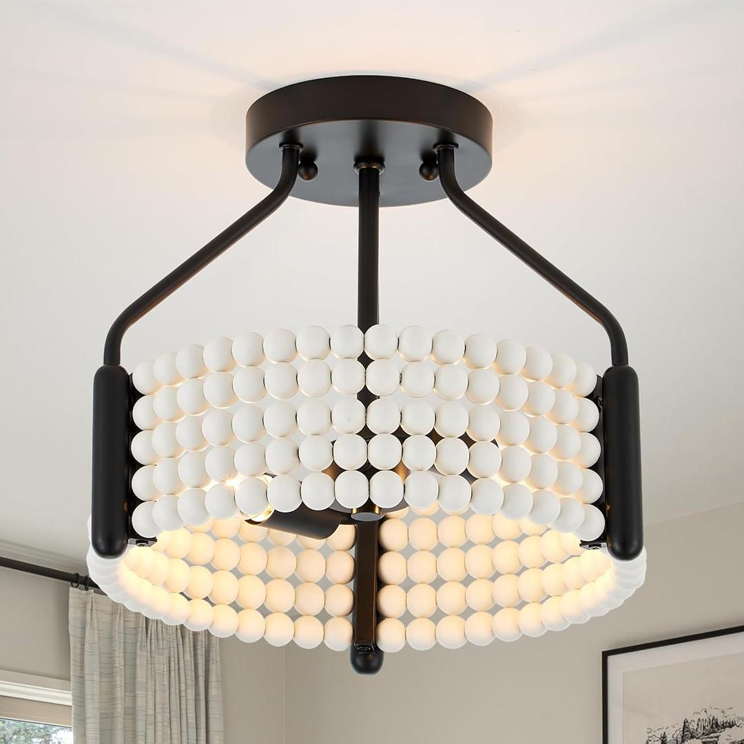 Boho Wood Bead Chandelier 13 Black Semi Flush Mount Ceiling Light Fixture Rustic Mini Modern Drum Chandelier for Bedroom Dining Room Entryway Hallway, 2-Light, UL Listed