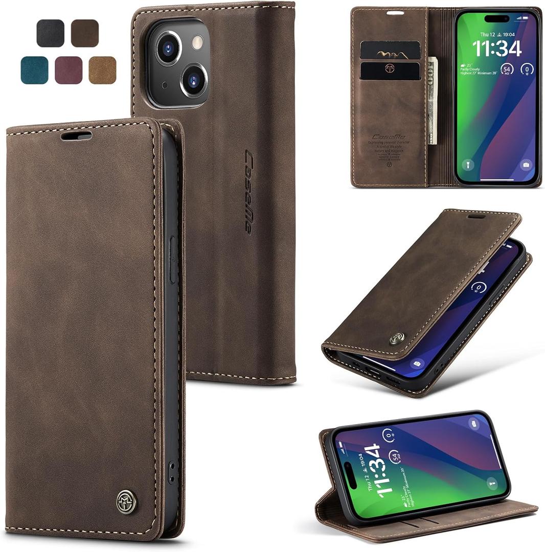 for iPhone 15 Plus Case, Flip Wallet Leather Case with Card Holder Magnetic Closure Shockproof Kickstand Protective Phone Cases Cover for iPhone 15 Plus, Coffee