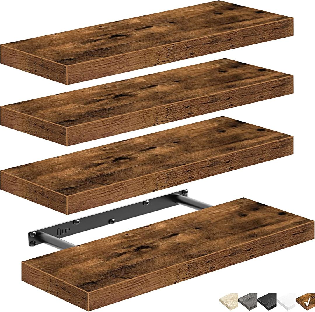 QEEIG Floating Shelves for Wall Small Shelf (Brown, Set of 5, 24" x 12") 16 inch Bathroom Shelf for Farmhouse Decor Books, Bedroom Kitchen Living Room, Renter Friendly (015-BN4)