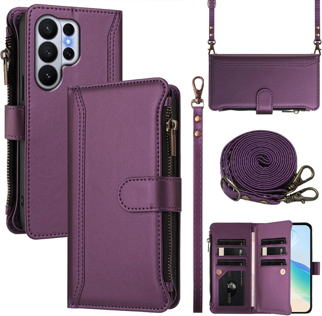 Wallet Case for Google Pixel 10a (2026), with 1 Long Shoulder Strap, 1 Short Wrist Strap, 9 Card Slots, 1 Cash Pocket, Wireless Charging, Magnetic Closure, Kickstand (Purple)