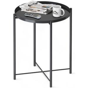 Round Small Side Table, Metal End Table with Removable Tray for Indoor Outdoor, Modern Style Sofa Side Table, Accent Table for Living Room, Bedroom, Balcony, Office (A-Black)