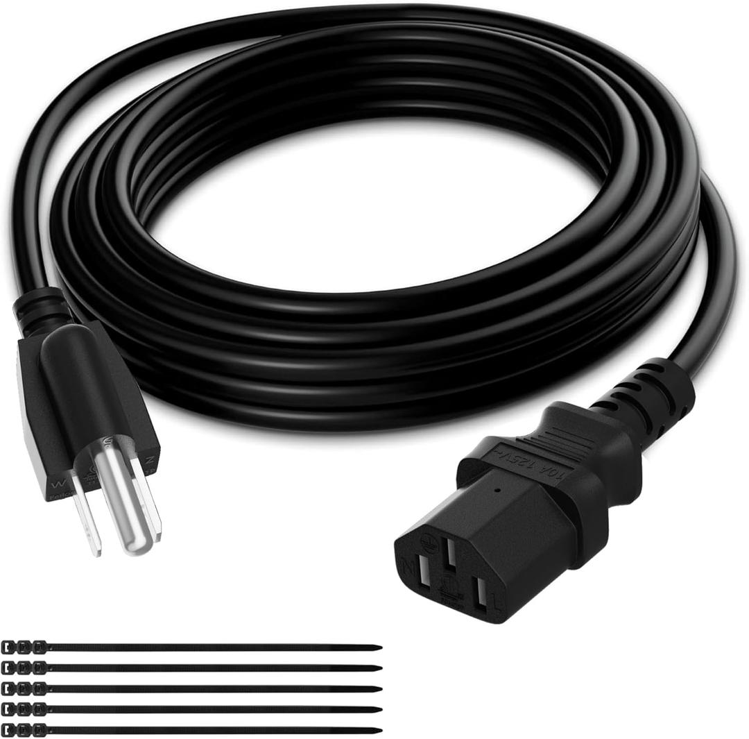 Elecan 3-Prong Replacement Power Cord 25 Ft, Heatproof Flexible Durable AC Device Power Cable for Appliance, Computer, TV, Monitor, Printer, ETL Listed 18AWG 125V 10A, with Ties