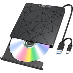 External DVD Drive USB 3.0 USB-C CD Burner CD/DVD Player Optical Drive, Portable CD DVD Disc Copier for Laptops and PC Compatible with Windows 7/8/10/11, Linux, and Mac OS