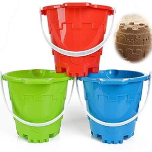 Jumbo Castle Model Beach Gear 7" Large Sand Buckets Pails Beach Water Pool Gardening Bath Toy Environmentally ABS Durable Thick Plastic Complete Gift Set Bundle For Kids Boys Girls- 3 Pack Green Blue