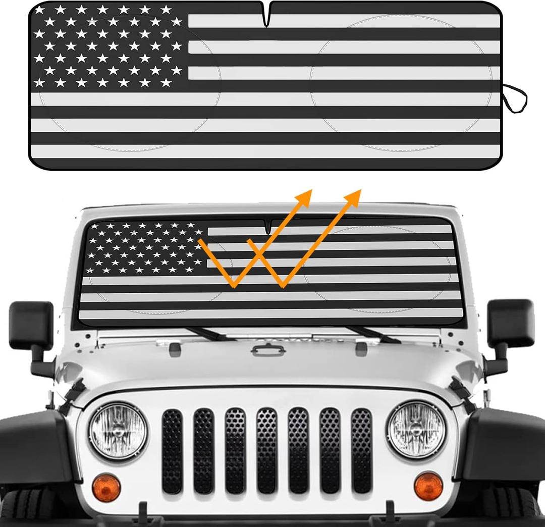 Big Hippo American Flag Windshield Sunshade for 2007-2022 Wrangler Rubicon Sahara TJ JK JKU 2 & 4 Door (Black-)