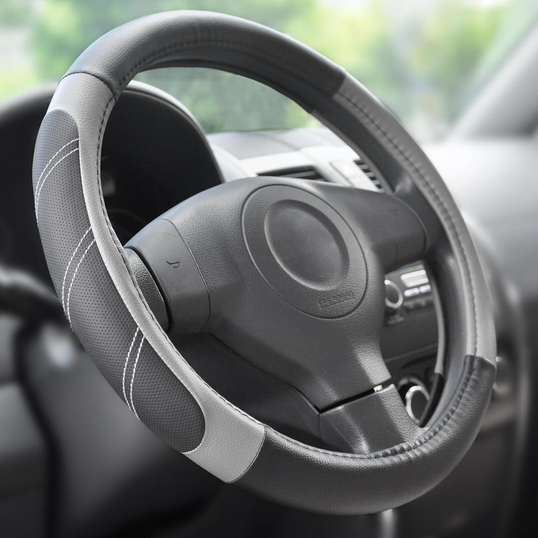 Elantrip Sport Leather Steering Wheel Cover 14 1/2 inch to 15 inch Universal, Padded Soft Grip Breathable for Car Truck SUV Jeep, Anti Slip Odorless Black and Gray