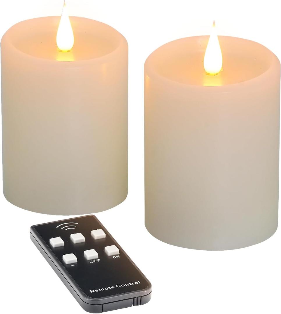 Flickering Flameless Candles with 3D Moving Flame, Real Wax Battery Operated Candles with Timer and Remote, Last 600+ Hours, 3" x 4" LED Fake Candles for Home Wedding Christmas Decor, 2 Pack